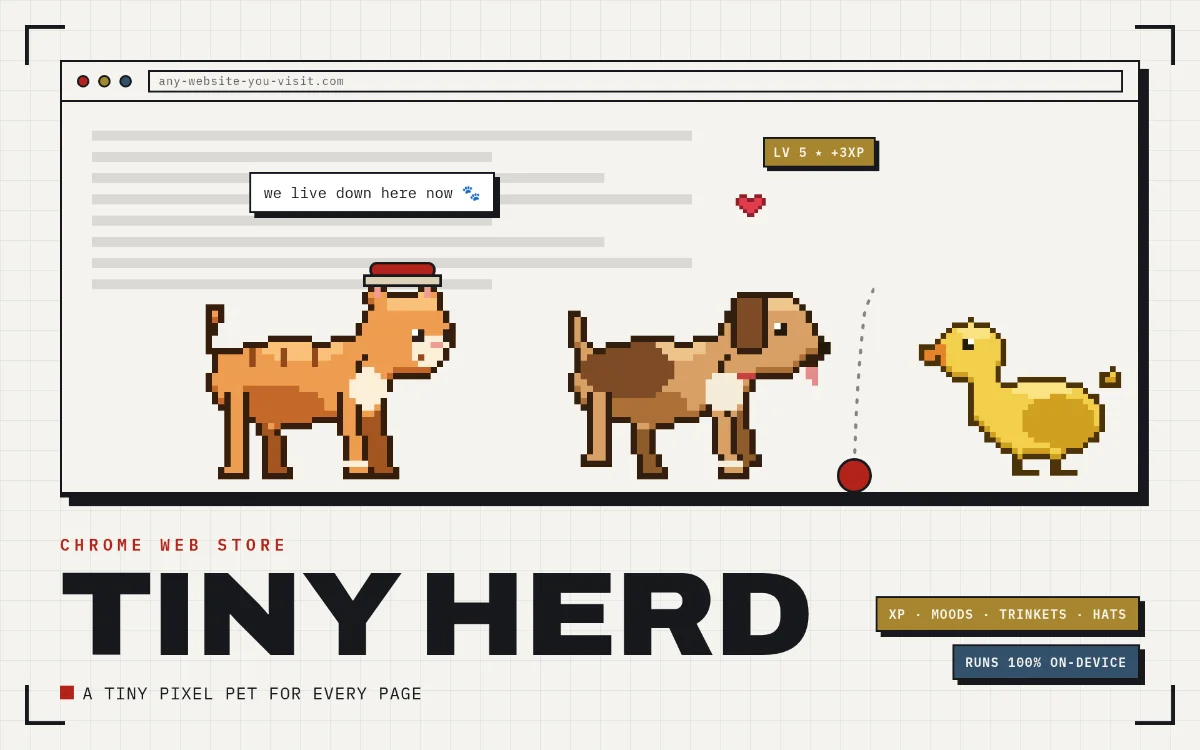 Screenshot of Tiny Herd pixel-art pets on a webpage